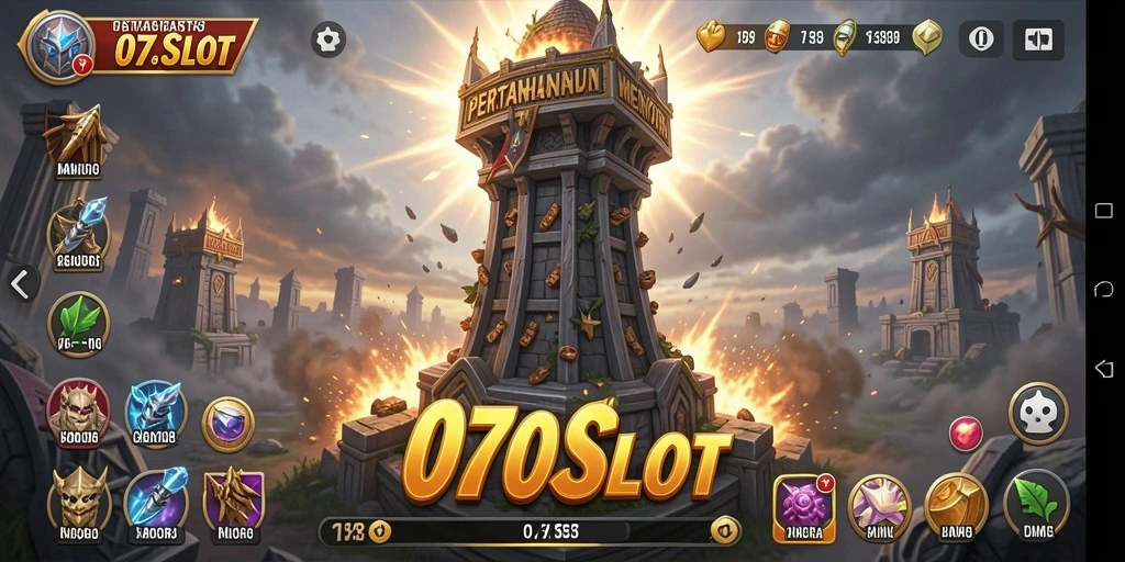 Tampilan gameplay menara pertahanan dari 070SLOT yang intens.
