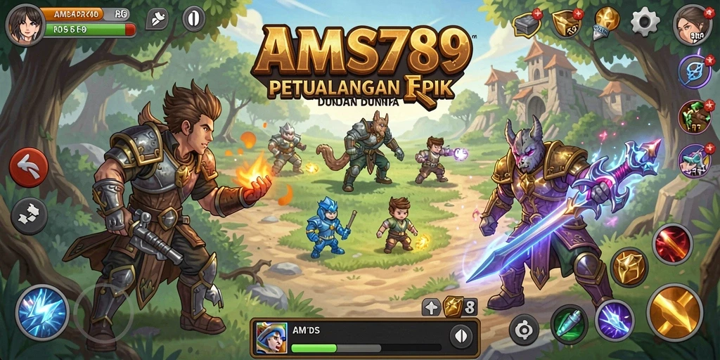 Tampilan screenshot utama AMS789 yang menunjukkan pertarungan epik dalam RPG.