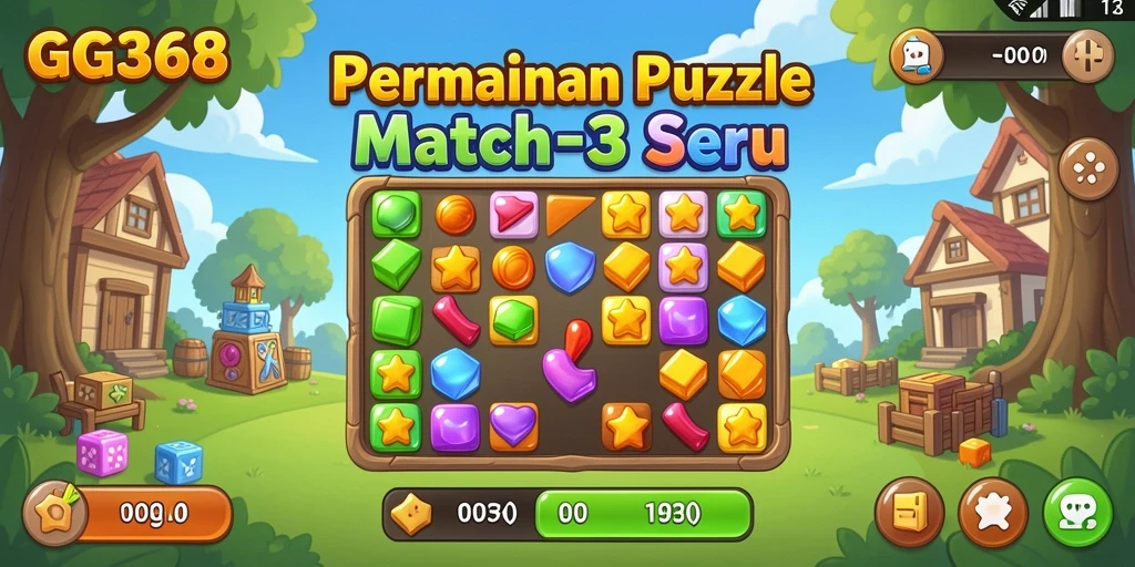 Tangkapan layar gameplay GG368 dengan permata warna-warni dan tantangan Match-3.