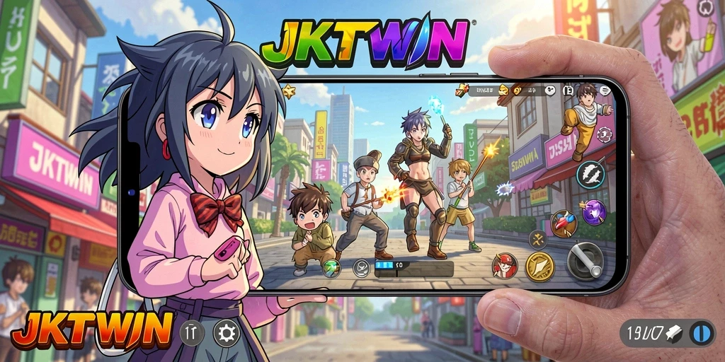 Screenshot gameplay JKTWIN menampilkan aksi karakter anime yang seru.