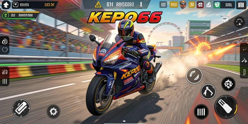 Screenshot utama KEPO66 menampilkan aksi balapan motor yang intens dan seru.