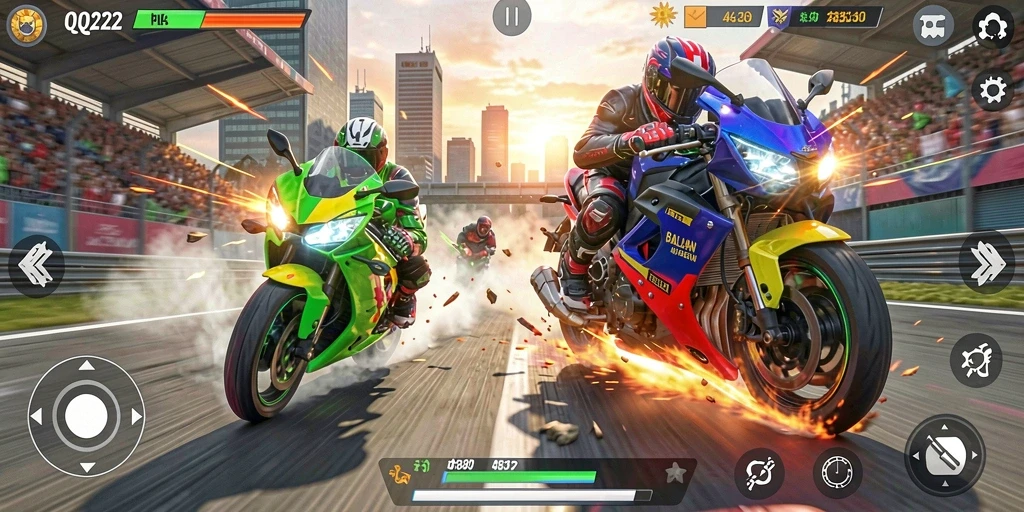 Screenshot gameplay QQ222 menampilkan balapan motor yang mendebarkan dan grafis yang hidup.