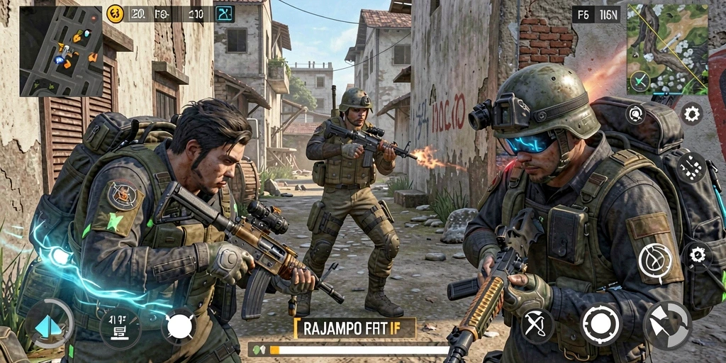 Tampilan gameplay mendebarkan dari RAJAMPO dengan aksi tembak-menembak yang intens.