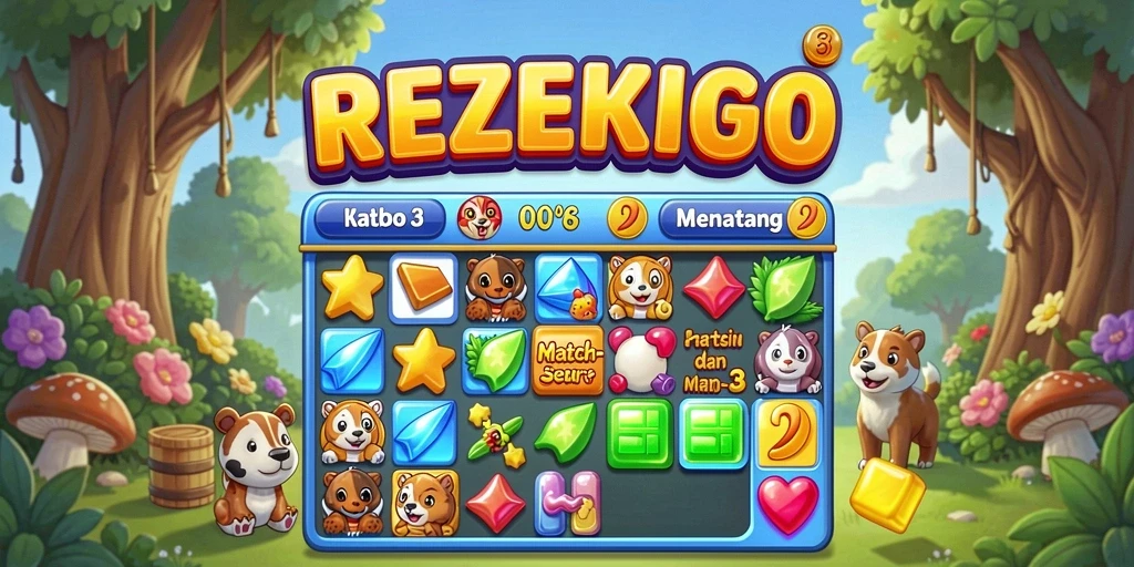 Tampilan gameplay seru di REZEKIGO dengan permata berwarna-warni.
