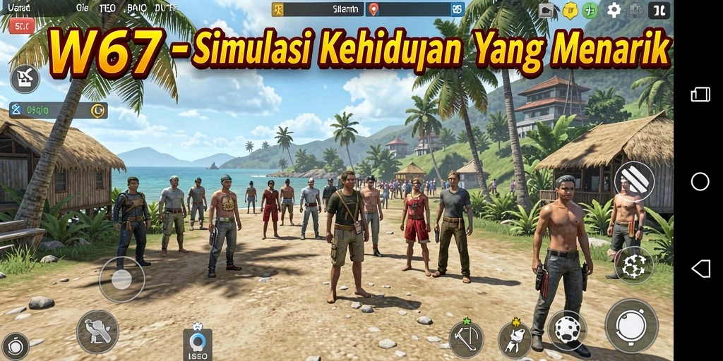 Screenshot gameplay W67 menampilkan karakter yang berinteraksi di dunia simulasi.